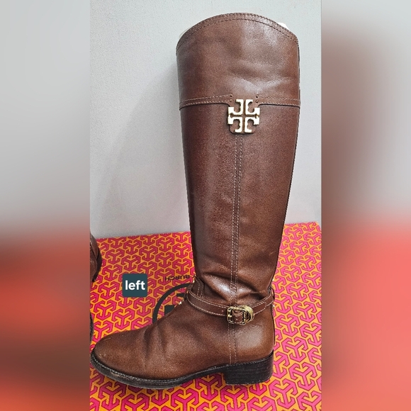TORY BURCH ALMOND BROWN GOLD HARDWEAR GALLEON LEATHER RIDING  BOOTS SIZE 6 - Picture 11 of 15